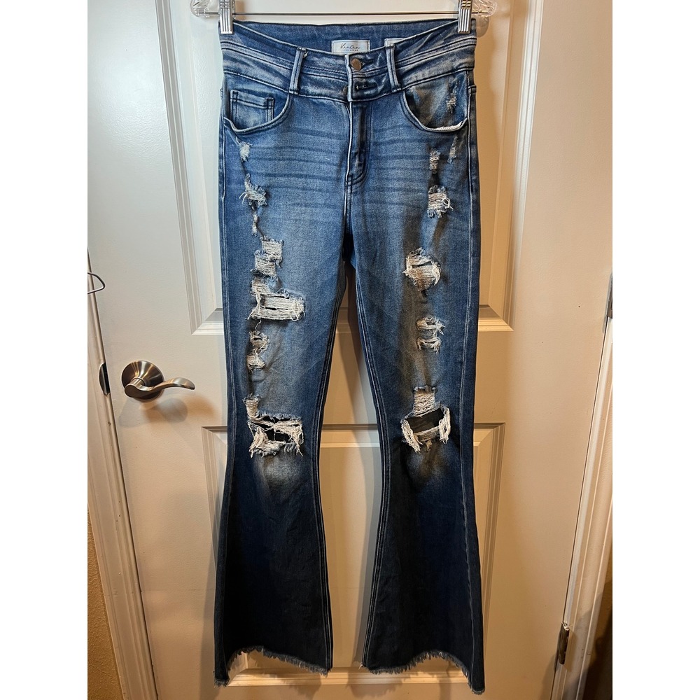 KanCan Womens Super Flare Jeans Distressed High Rise Blue Size 27